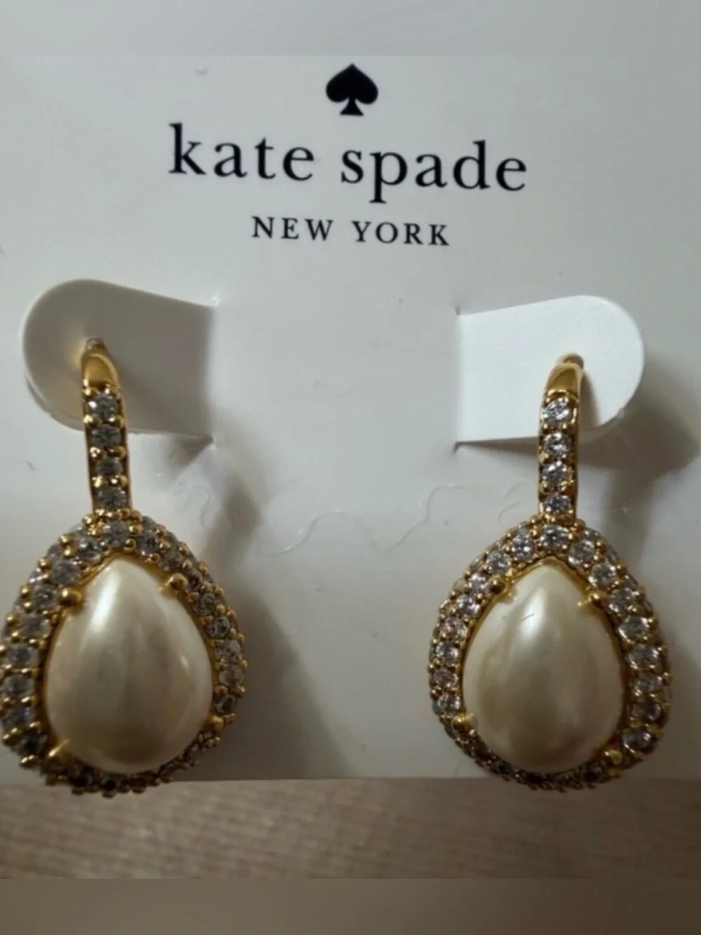 kate spade Gold Teardrop Pearl & Crystal Halo Earrings New!